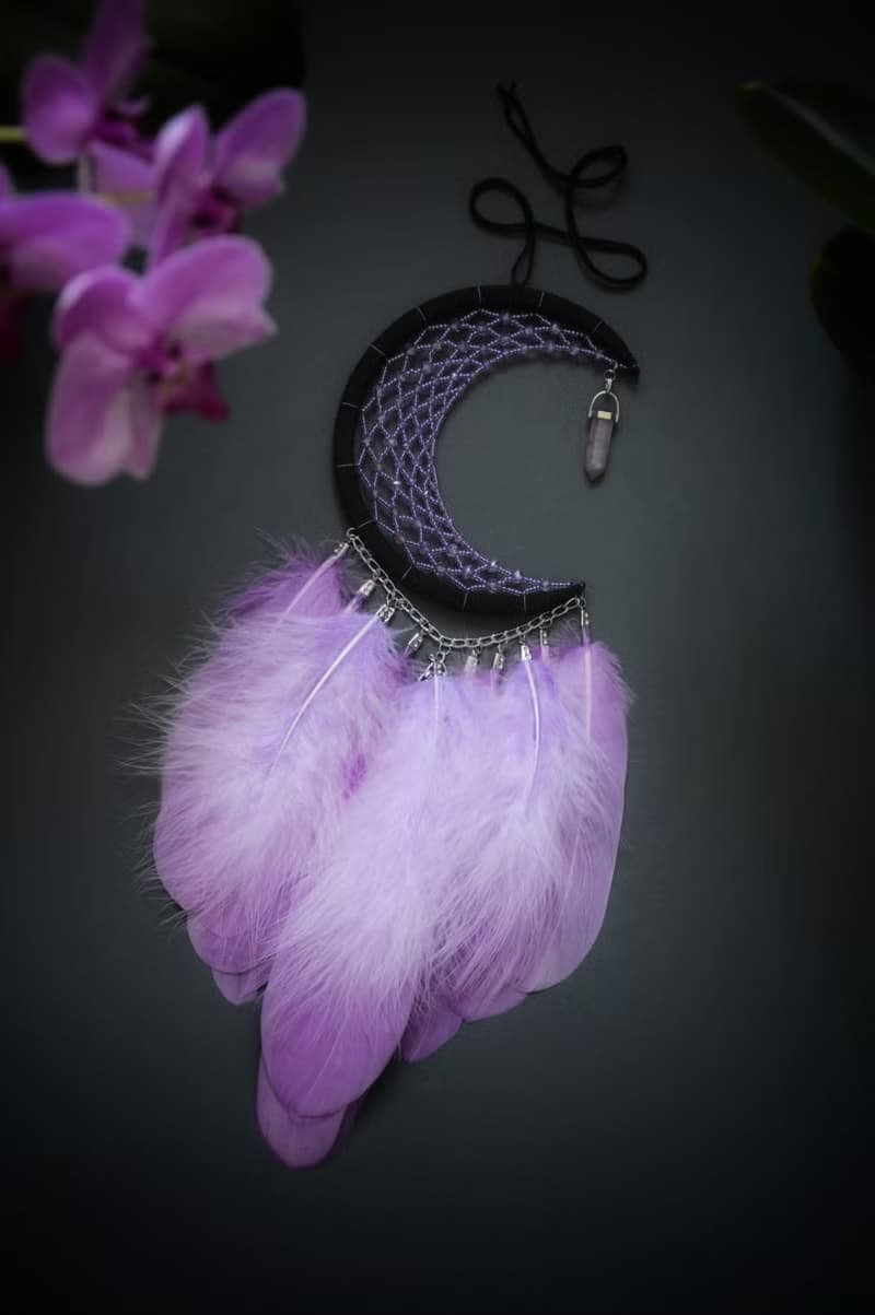 Purple Lilac Crescent moon Dreamcatcher with Amethyst Crystal | พระจันทร์สามดวง