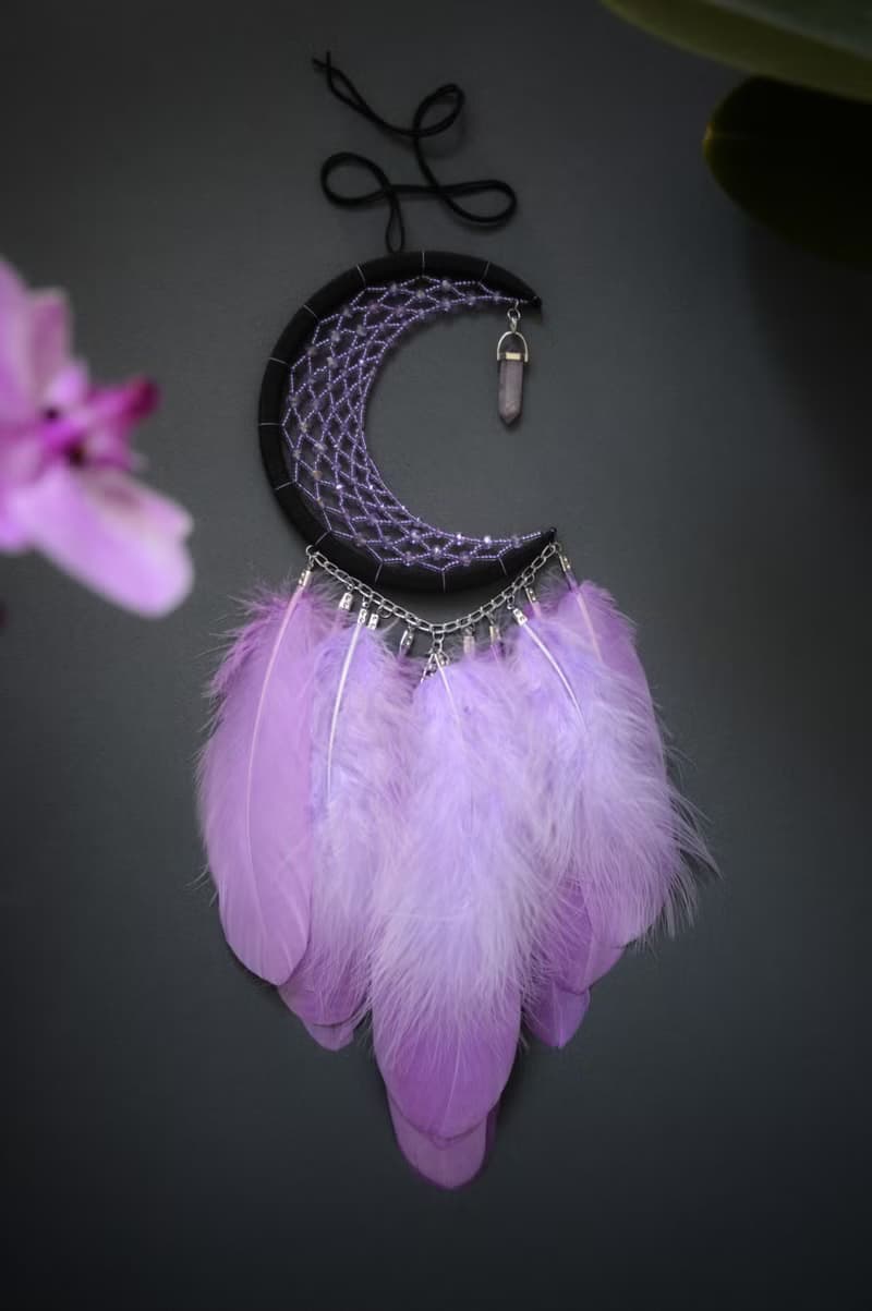 Purple Lilac Crescent moon Dreamcatcher with Amethyst Crystal | พระจันทร์สามดวง