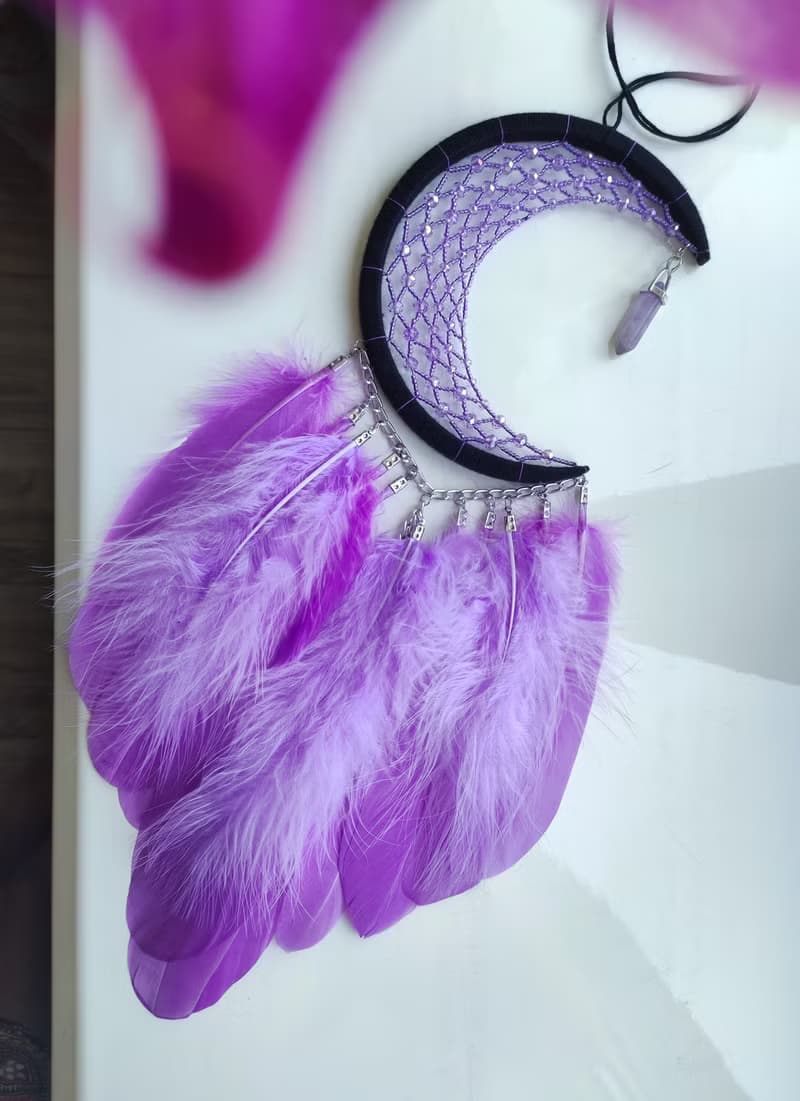 Purple Lilac Crescent moon Dreamcatcher with Amethyst Crystal | พระจันทร์สามดวง