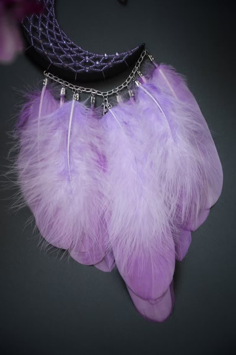 Purple Lilac Crescent moon Dreamcatcher with Amethyst Crystal | พระจันทร์สามดวง