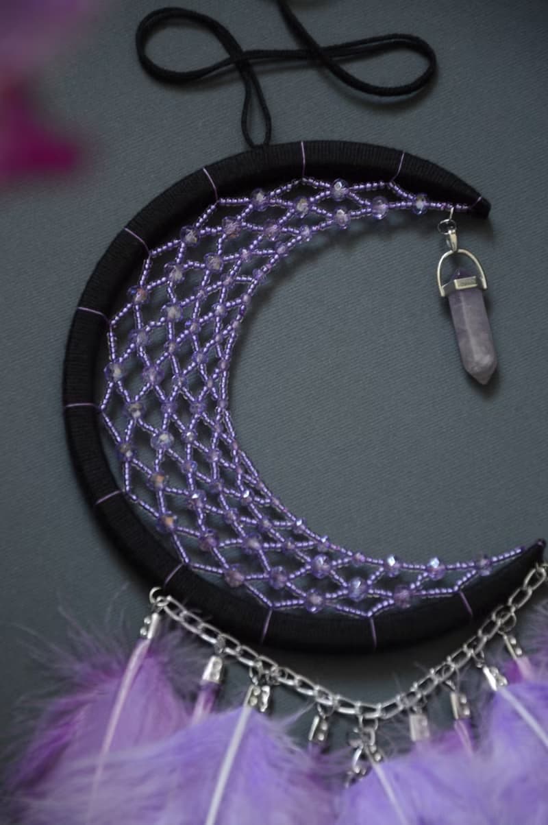 Purple Lilac Crescent moon Dreamcatcher with Amethyst Crystal | พระจันทร์สามดวง