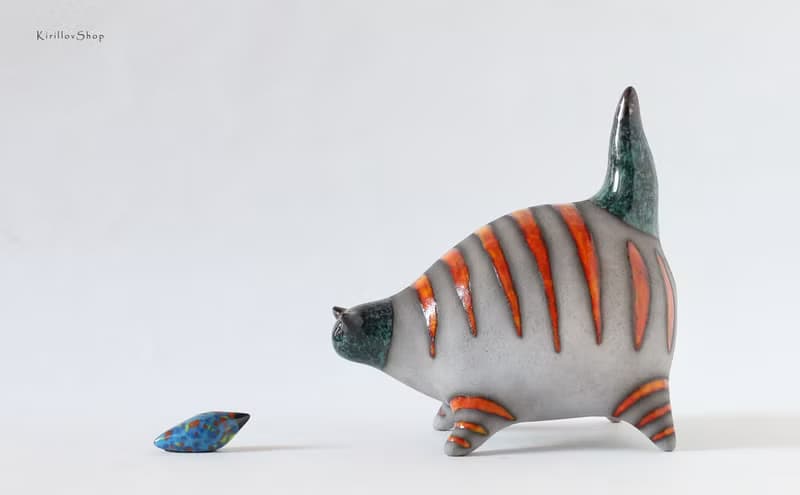 Handmade Ceramic Cat with Fish – Modern Animal Sculpture with Orange Stripes
