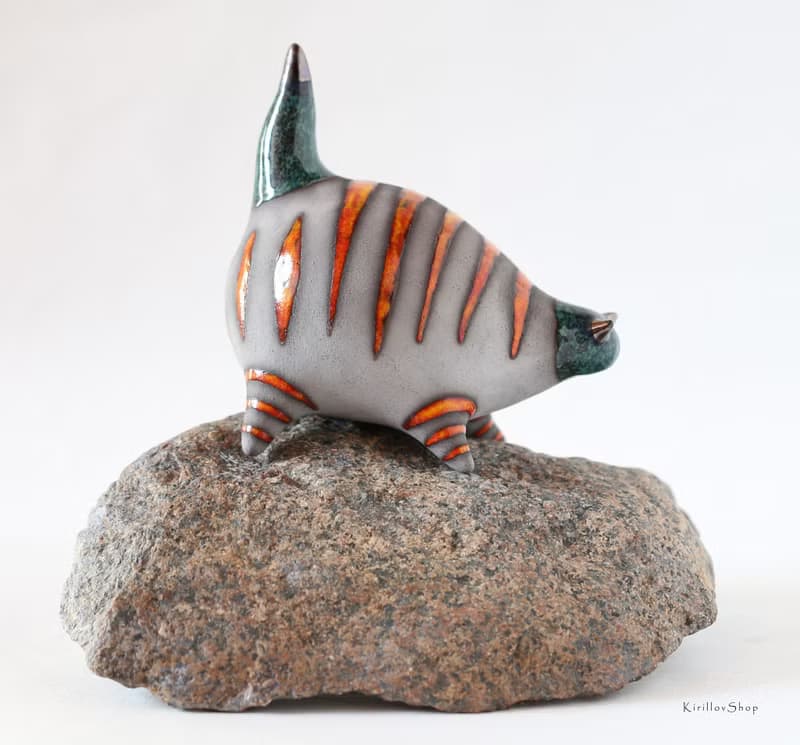 Handmade Ceramic Cat with Fish – Modern Animal Sculpture with Orange Stripes
