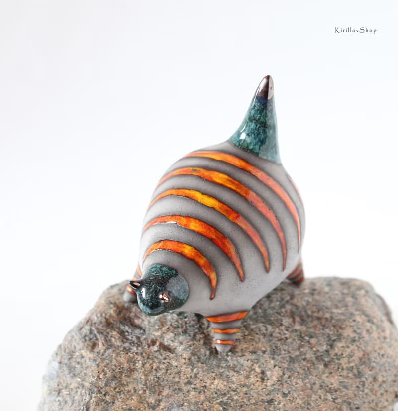 Handmade Ceramic Cat with Fish – Modern Animal Sculpture with Orange Stripes