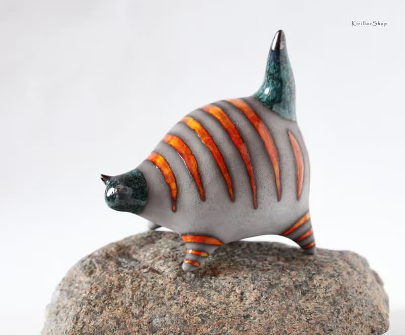 Handmade Ceramic Cat with Fish – Modern Animal Sculpture with Orange Stripes