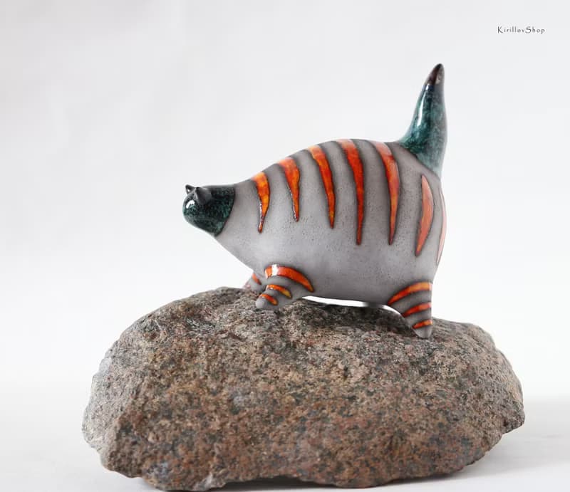 Handmade Ceramic Cat with Fish – Modern Animal Sculpture with Orange Stripes