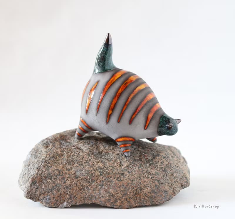 Handmade Ceramic Cat with Fish – Modern Animal Sculpture with Orange Stripes