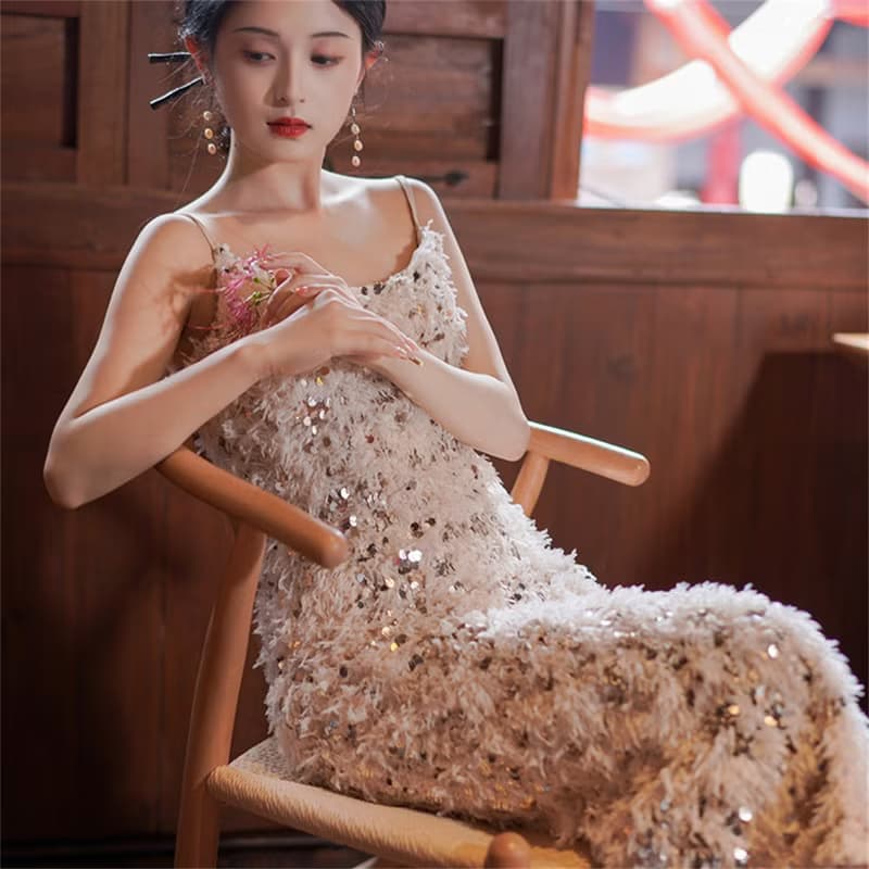 浮光 香檳金吊帶洋裝 無袖亮片長裙 生日戰袍訂婚禮服裙連衣裙