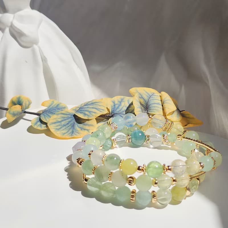 瘋狂的綠 。三圈彈性手鍊 海藍寶 葡萄石 摩根石 和田玉 藍綠晶