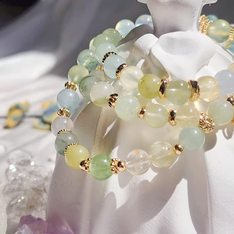 瘋狂的綠 。三圈彈性手鍊 海藍寶 葡萄石 摩根石 和田玉 藍綠晶