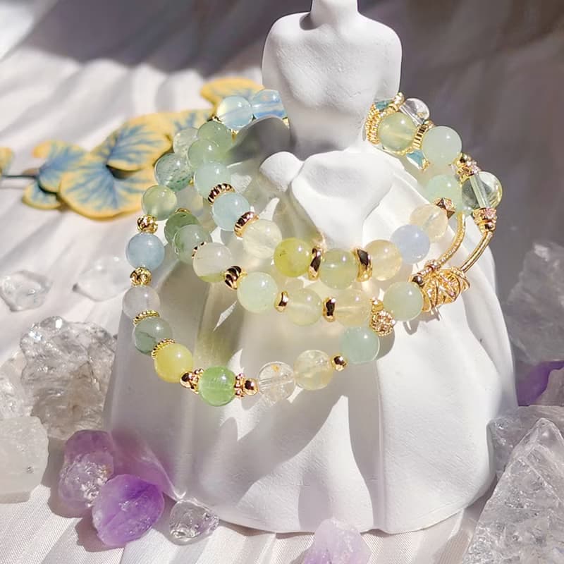 瘋狂的綠 。三圈彈性手鍊 海藍寶 葡萄石 摩根石 和田玉 藍綠晶