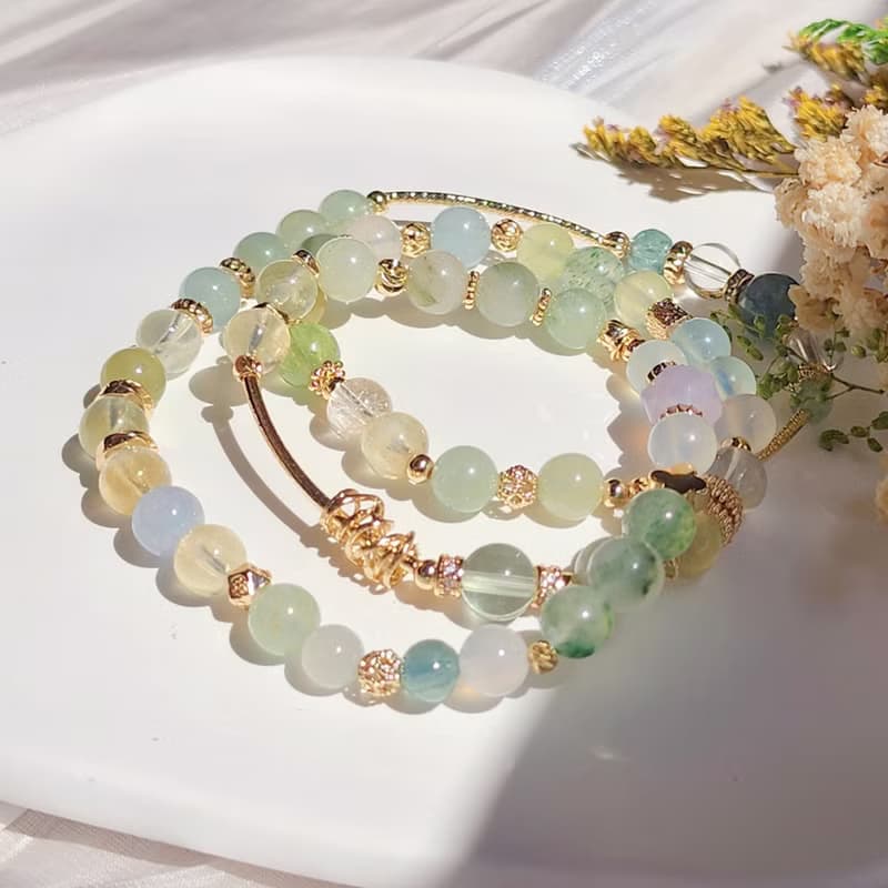 瘋狂的綠 。三圈彈性手鍊 海藍寶 葡萄石 摩根石 和田玉 藍綠晶