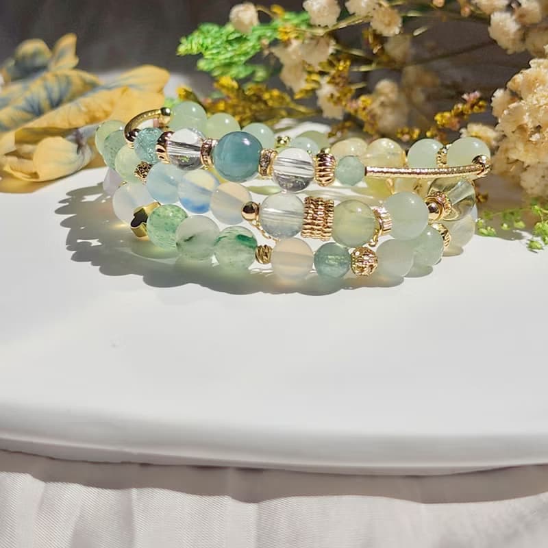 瘋狂的綠 。三圈彈性手鍊 海藍寶 葡萄石 摩根石 和田玉 藍綠晶