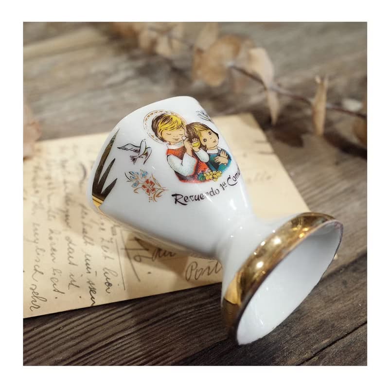 西班牙老件.描金六邊形白瓷蛋杯.瓷杯.瓷器.陳列擺件.稀有件