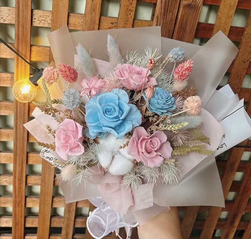 寶貝粉撞色花束 永生花 性別趴 情人節 告白 畢業 求婚 附提袋