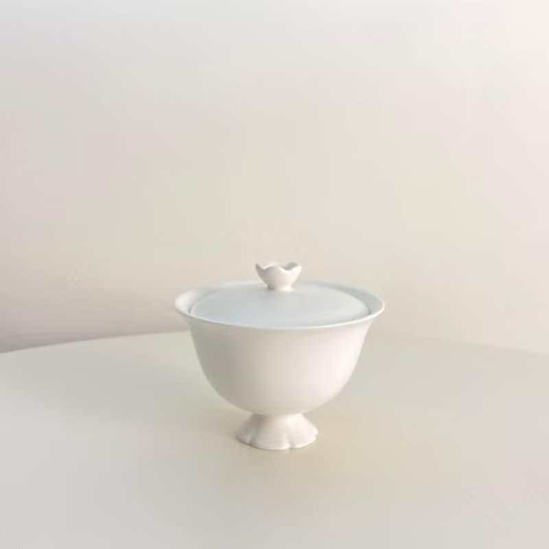 【茶具】白瓷高腳蓋碗杯120ml－花邊鈕蓋