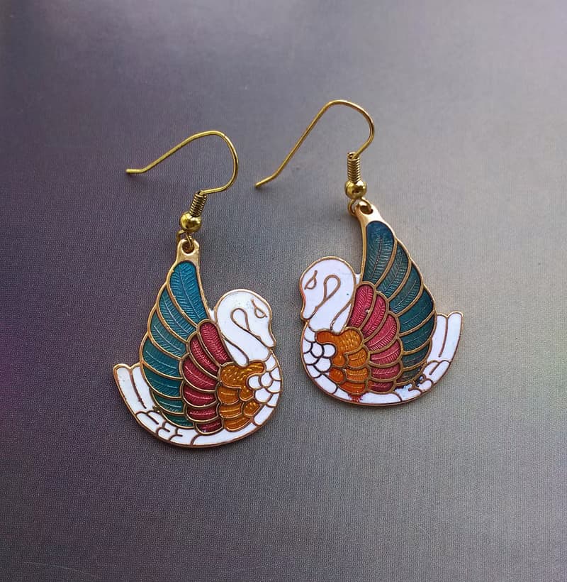 Vintage Jewelry 西洋古董飾品 天鵝款 景泰藍 耳勾 針式耳環