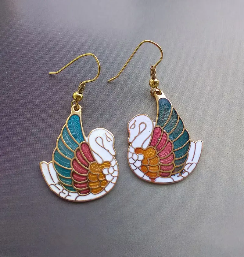 Vintage Jewelry 西洋古董飾品 天鵝款 景泰藍 耳勾 針式耳環