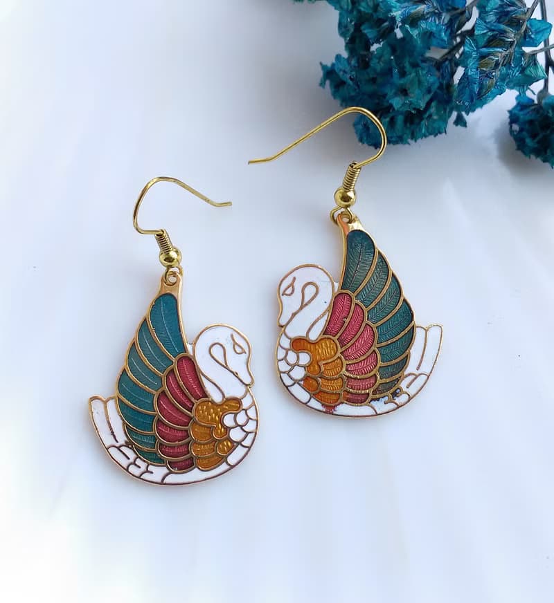 Vintage Jewelry 西洋古董飾品 天鵝款 景泰藍 耳勾 針式耳環