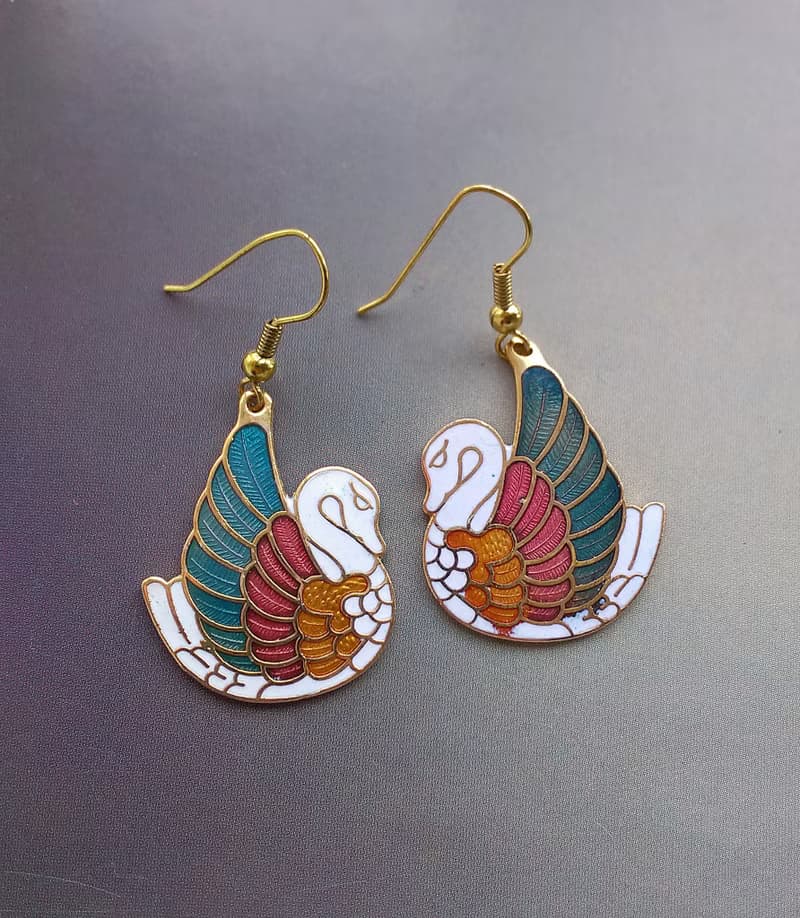Vintage Jewelry 西洋古董飾品 天鵝款 景泰藍 耳勾 針式耳環