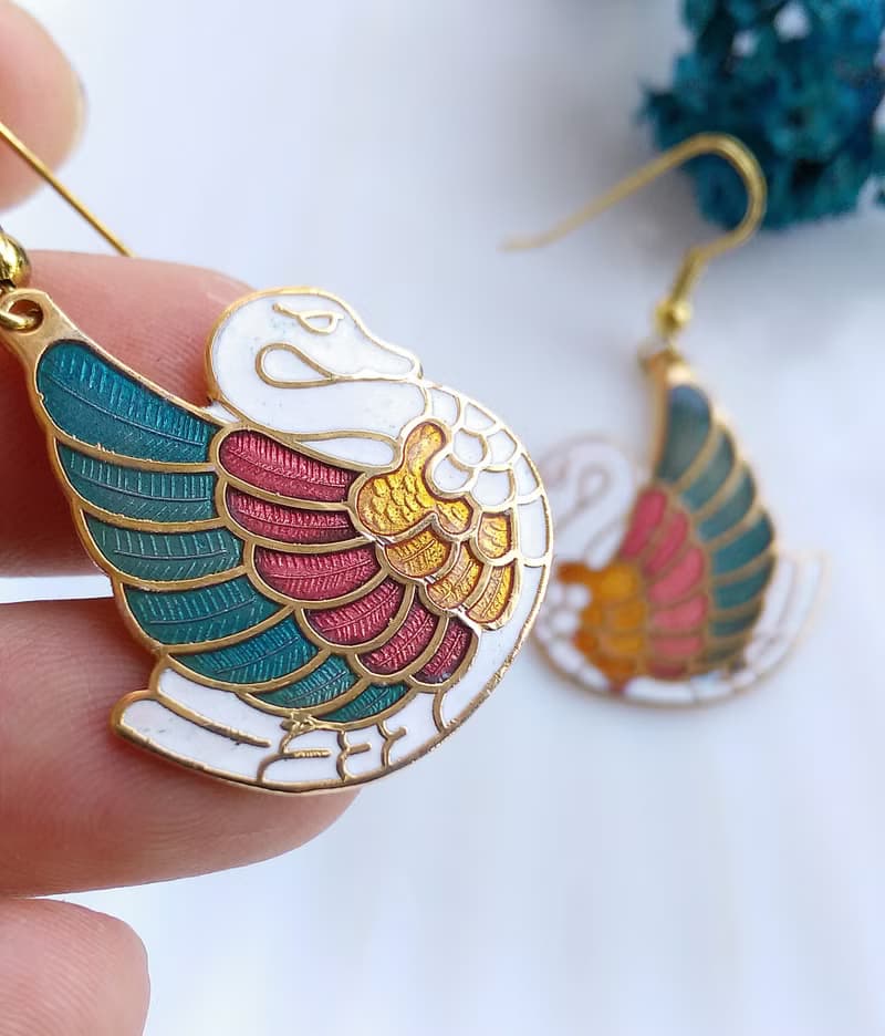Vintage Jewelry 西洋古董飾品 天鵝款 景泰藍 耳勾 針式耳環