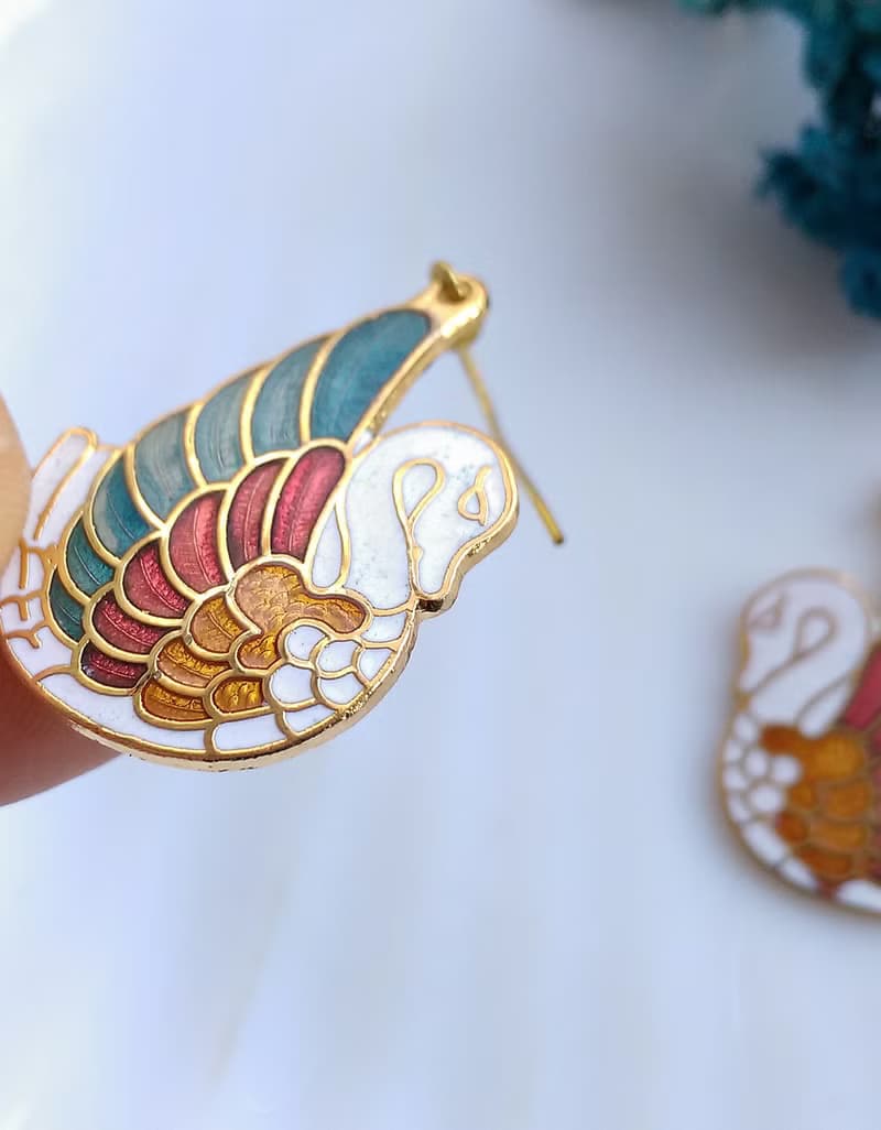 Vintage Jewelry 西洋古董飾品 天鵝款 景泰藍 耳勾 針式耳環