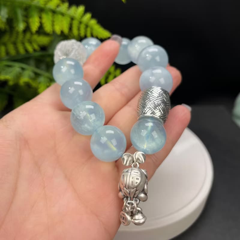 淺色海藍寶設計手串 大顆粒冰潤星光 白水晶醒獅 S999銀桶珠醒獅