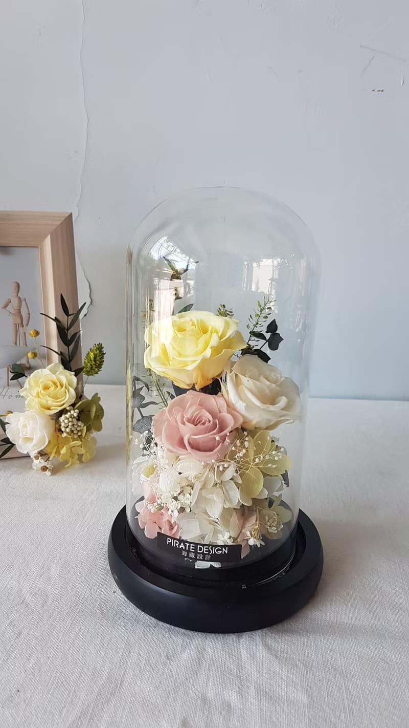 海藏設計| 梅琳娜王冠。金絲雀金黃。發光永生花玻璃盅