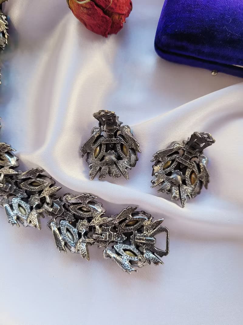 美國西洋古董飾品 / FLORENZA孔雀北極光萊茵玻璃珠夾式耳環/手鍊