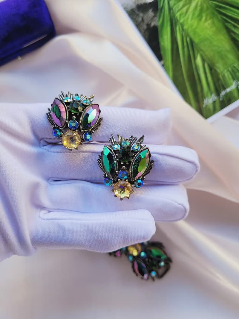 美國西洋古董飾品 / FLORENZA孔雀北極光萊茵玻璃珠夾式耳環/手鍊