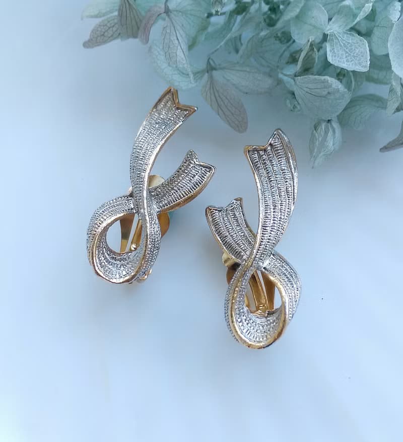 Vintage Jewelry 西洋古董飾品 精緻銀絲緞帶 夾式耳環