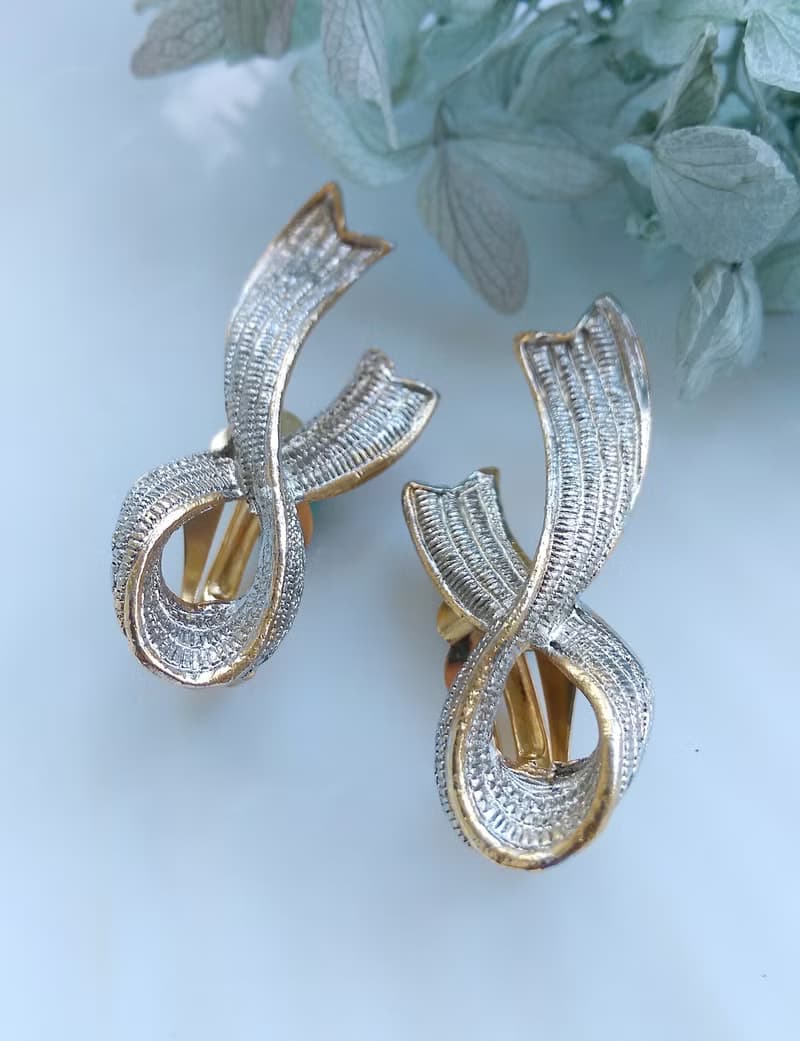 Vintage Jewelry 西洋古董飾品 精緻銀絲緞帶 夾式耳環