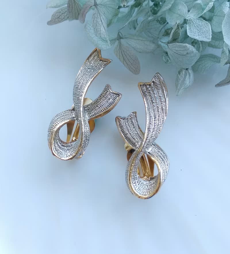 Vintage Jewelry 西洋古董飾品 精緻銀絲緞帶 夾式耳環