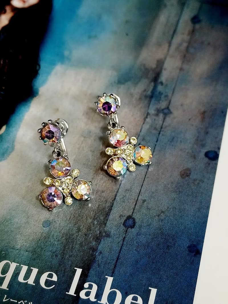 vintage jewelry  古董極光萊茵垂墜三稜夾式耳環