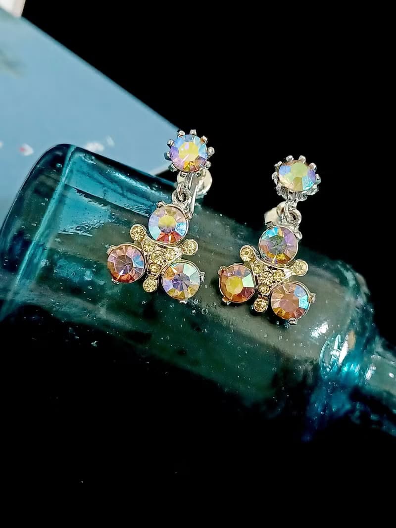 vintage jewelry  古董極光萊茵垂墜三稜夾式耳環
