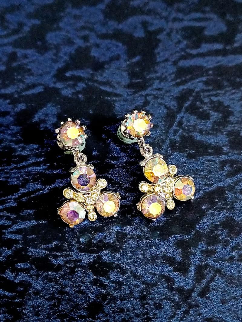 vintage jewelry  古董極光萊茵垂墜三稜夾式耳環