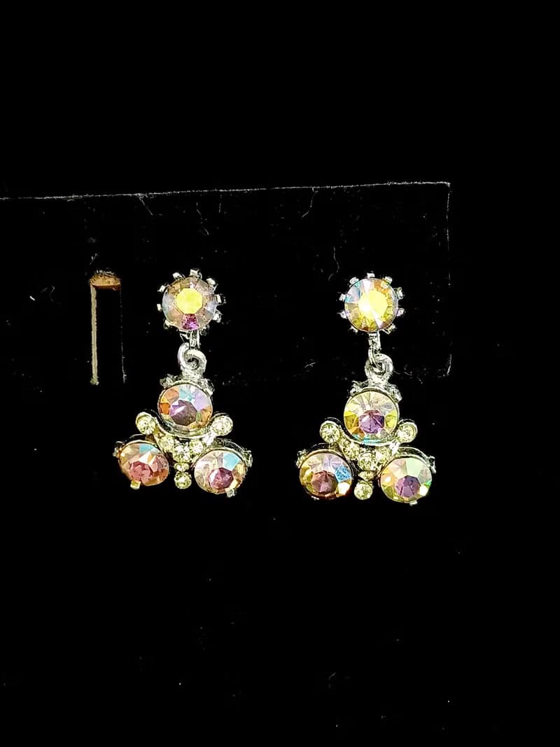 vintage jewelry  古董極光萊茵垂墜三稜夾式耳環