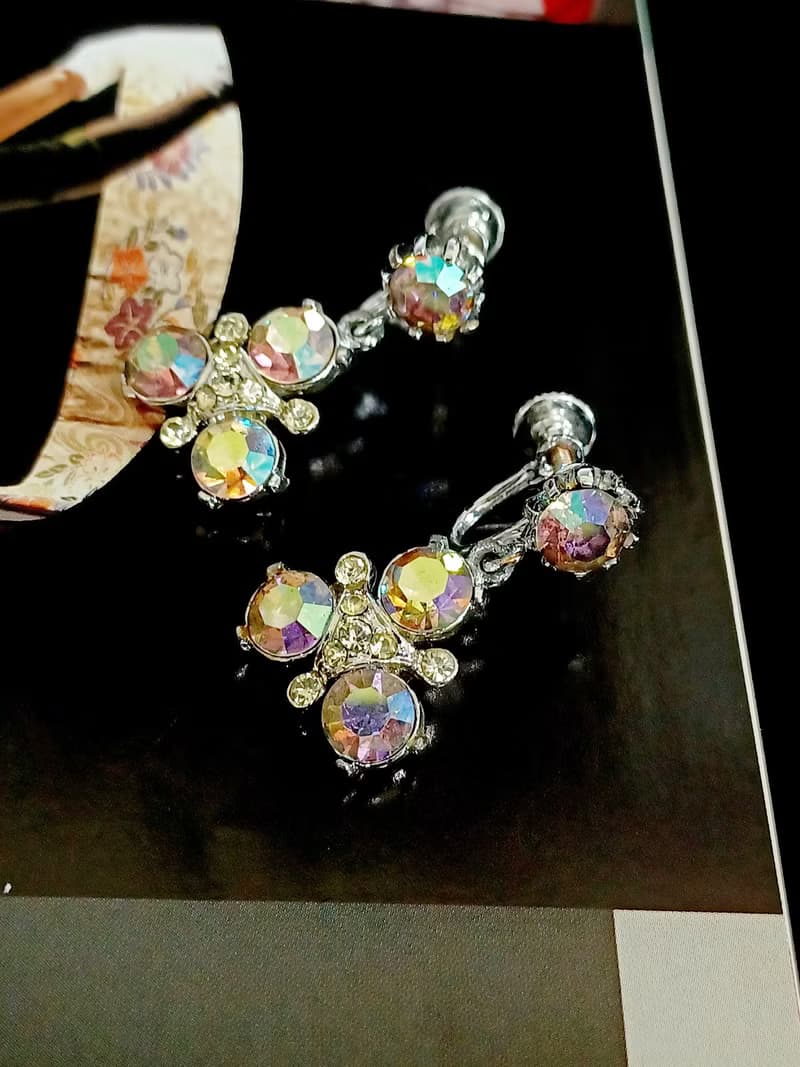 vintage jewelry  古董極光萊茵垂墜三稜夾式耳環