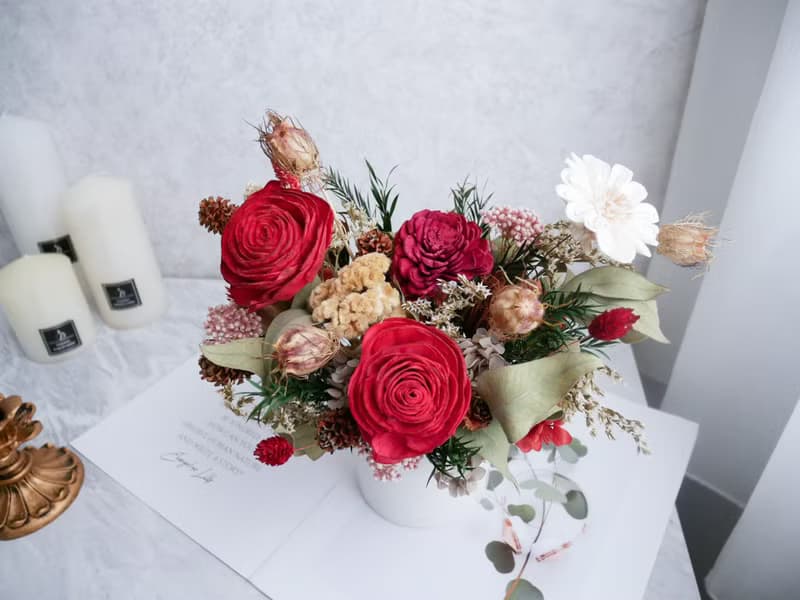 圓盆中大型乾燥花盆花【春紅凝香】開幕/新居落成/喬遷