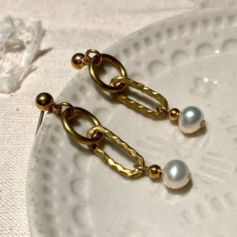 老林雜貨 | 幾何元素珍珠黃銅耳環 (針式 / 夾式)