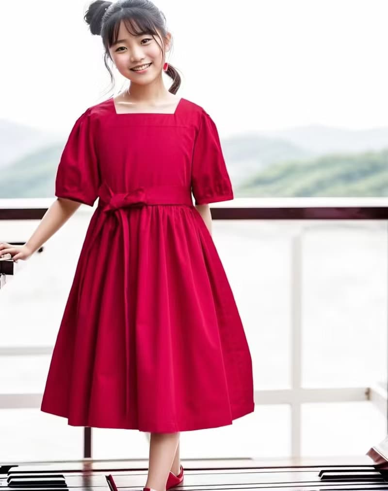 女童紅色復古宮廷風方領泡泡袖手作洋裝禮服