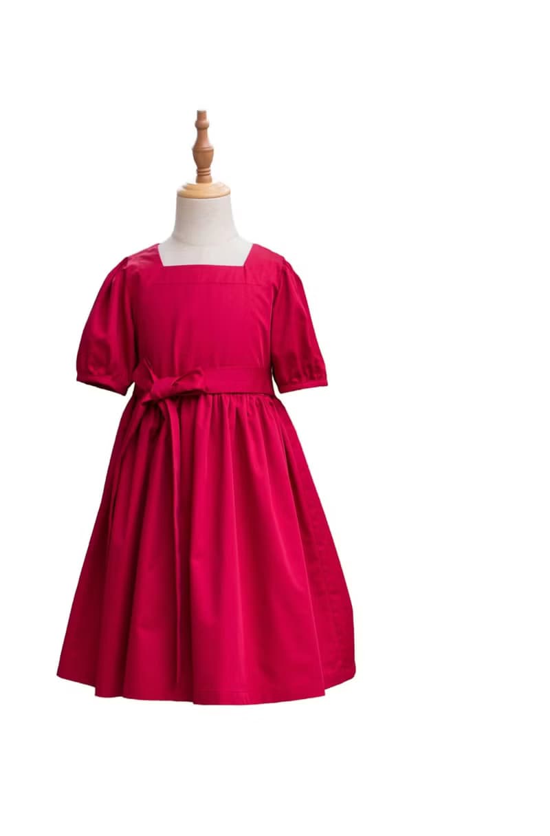 女童紅色復古宮廷風方領泡泡袖手作洋裝禮服