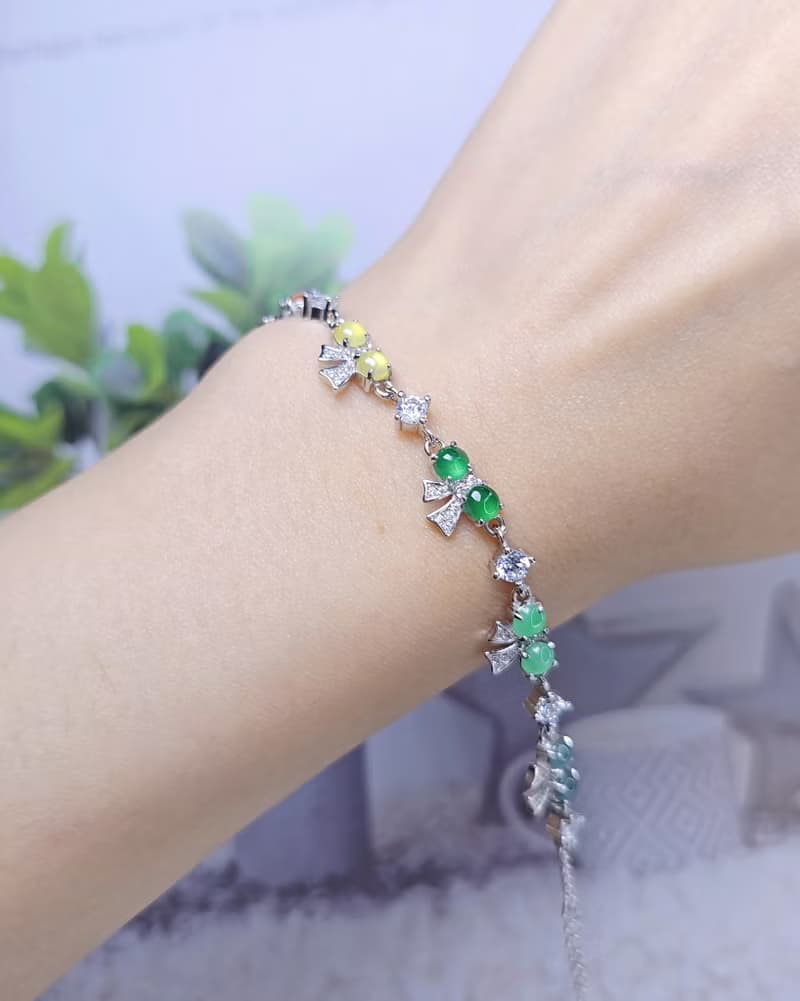 |轉運彩虹仙女|A貨翡翠冰玻多寶彩虹蛋面4mm純銀蝴蝶結手鏈