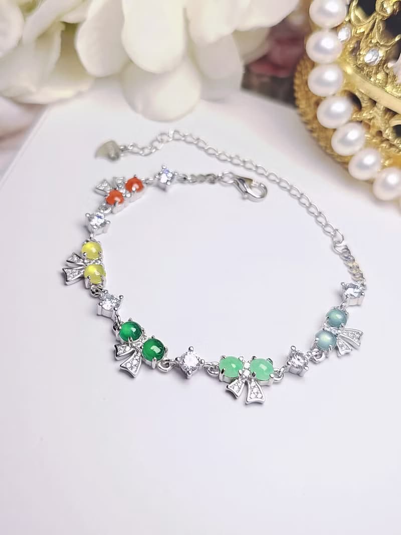 |轉運彩虹仙女|A貨翡翠冰玻多寶彩虹蛋面4mm純銀蝴蝶結手鏈