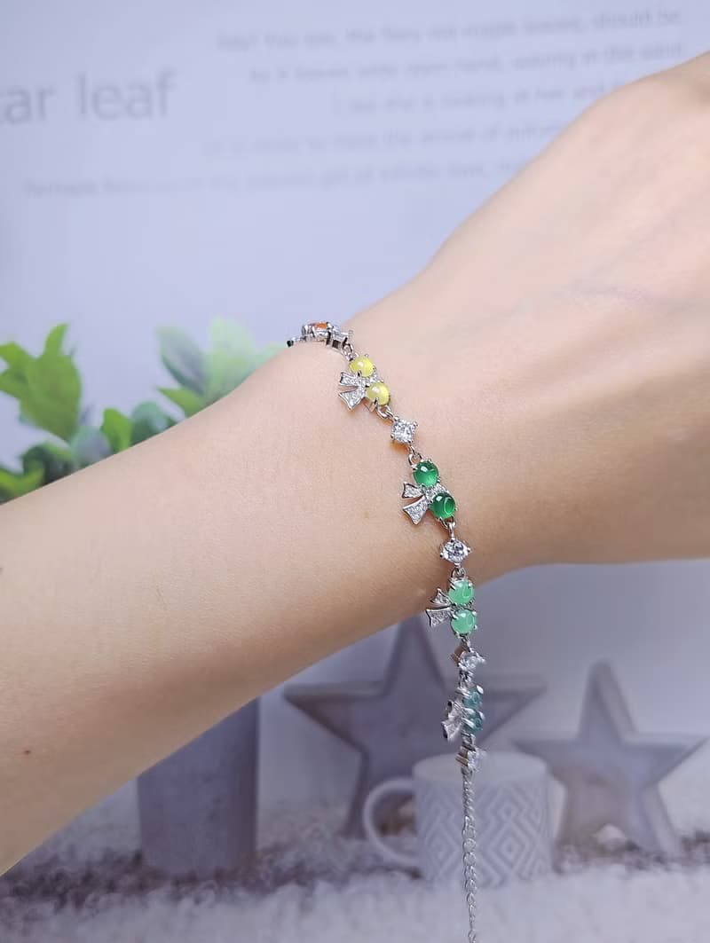 |轉運彩虹仙女|A貨翡翠冰玻多寶彩虹蛋面4mm純銀蝴蝶結手鏈