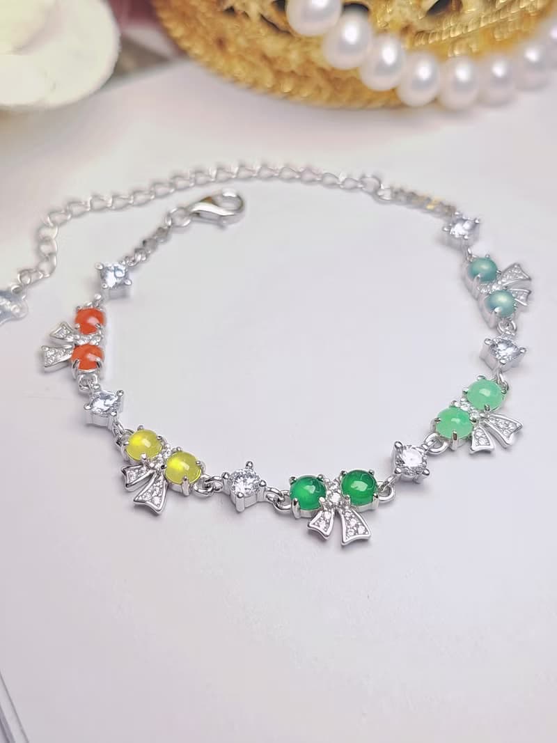 |轉運彩虹仙女|A貨翡翠冰玻多寶彩虹蛋面4mm純銀蝴蝶結手鏈