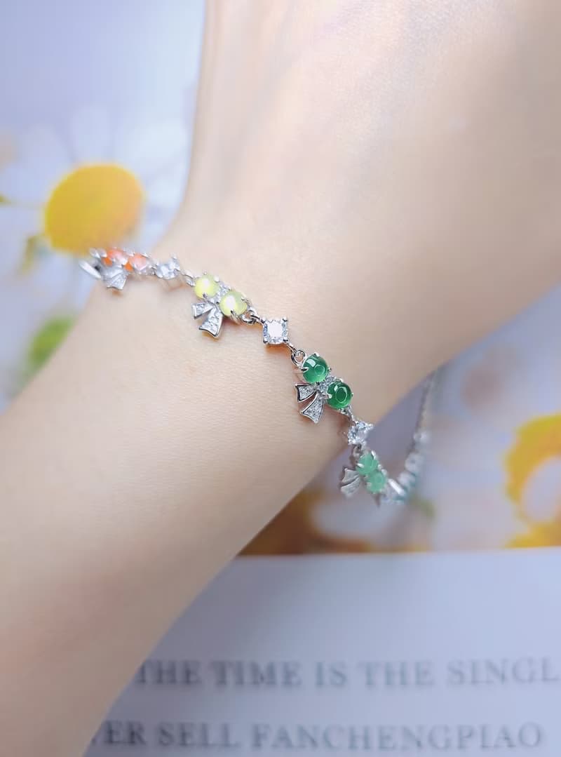 |轉運彩虹仙女|A貨翡翠冰玻多寶彩虹蛋面4mm純銀蝴蝶結手鏈