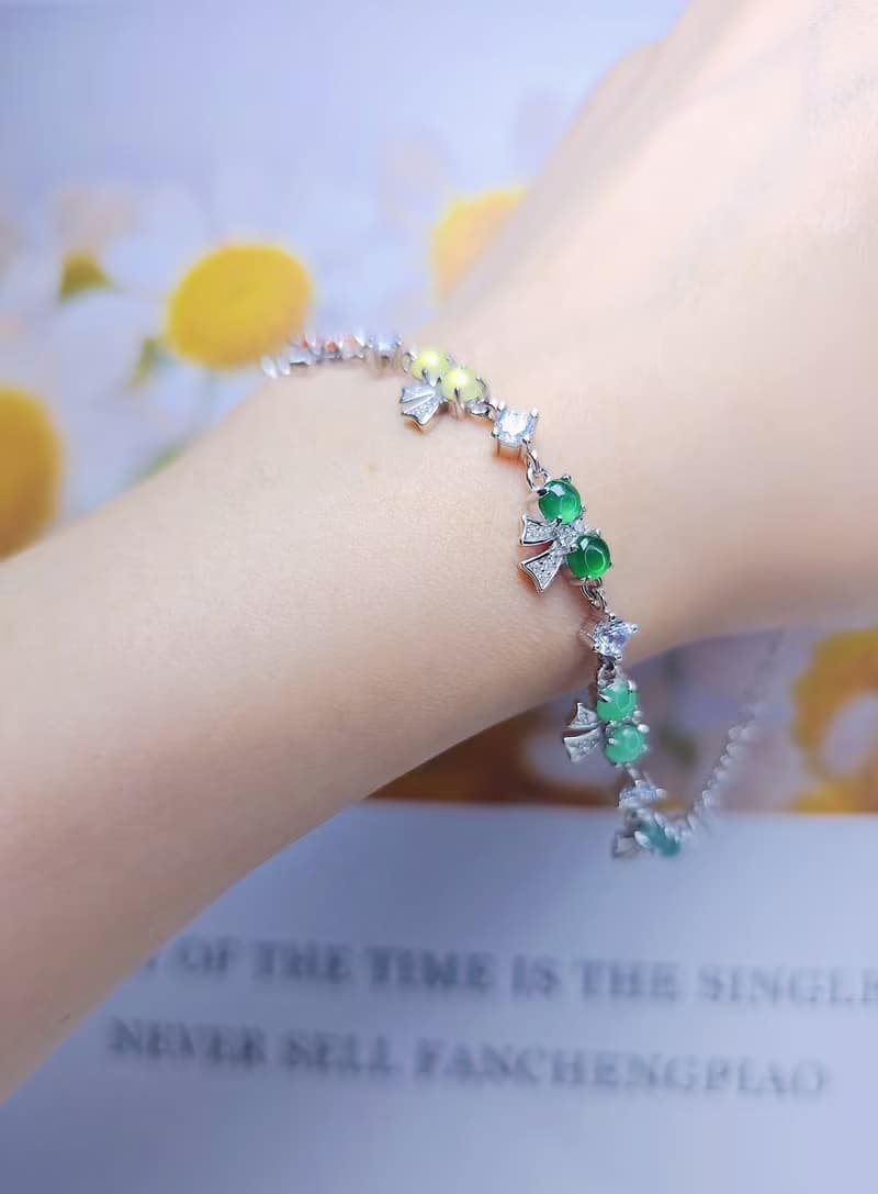 |轉運彩虹仙女|A貨翡翠冰玻多寶彩虹蛋面4mm純銀蝴蝶結手鏈