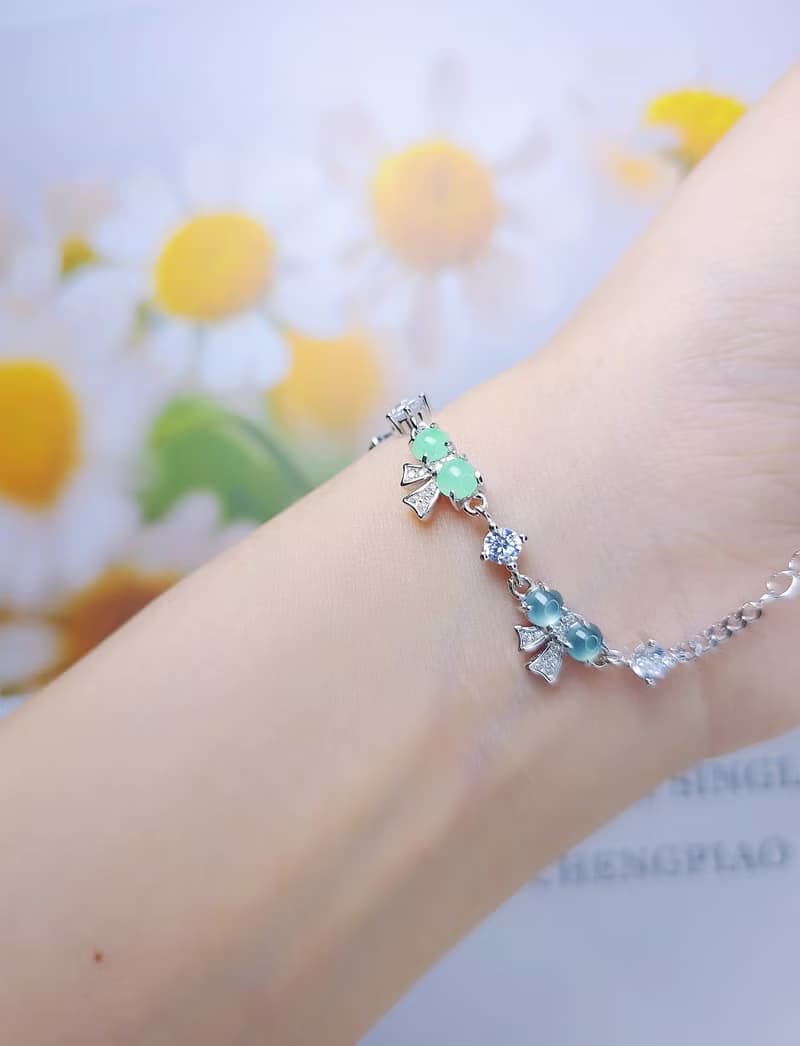 |轉運彩虹仙女|A貨翡翠冰玻多寶彩虹蛋面4mm純銀蝴蝶結手鏈