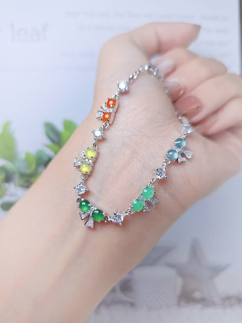 |轉運彩虹仙女|A貨翡翠冰玻多寶彩虹蛋面4mm純銀蝴蝶結手鏈